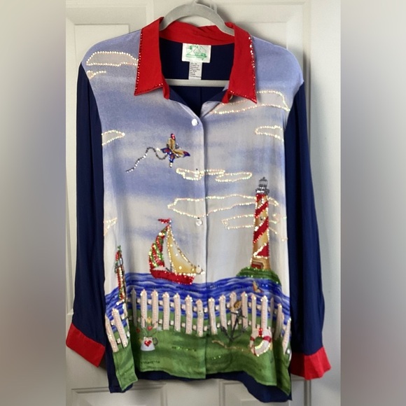 Quaker factory Silk Blue Red embroidered Sequin lighthouse sailboat button-up M - Picture 9 of 9